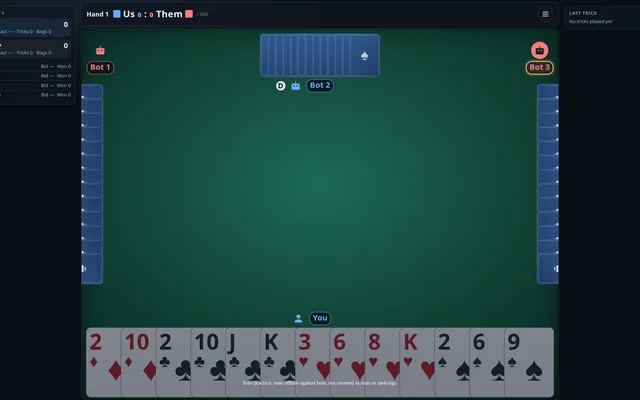 Spades table with a hand of cards